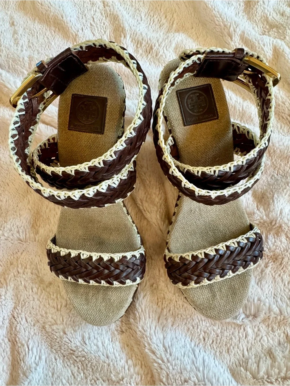 Tory Burch Two Tone Woven Leather Paloma Ankle Strap Espadrille Wedge Sandals